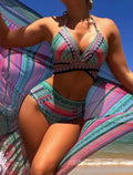 Women's blue cross bandage swimsuit three-piece set showing smock, bra, and high-waist panties