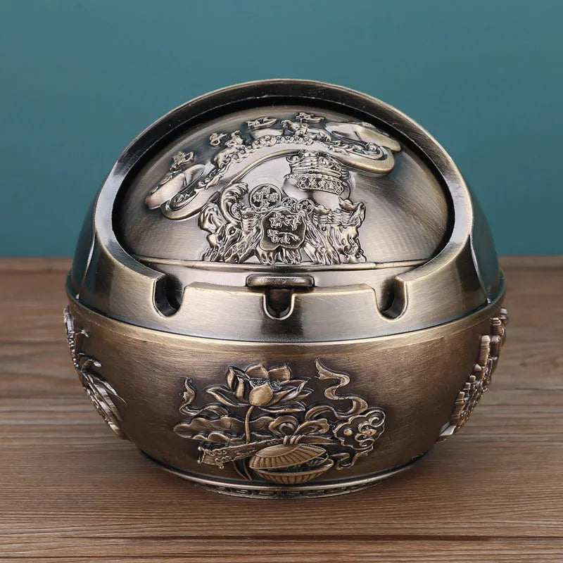 Alloy ashtray with smoke extinguishing slot in bronze finish featuring decorative dragon and phoenix design