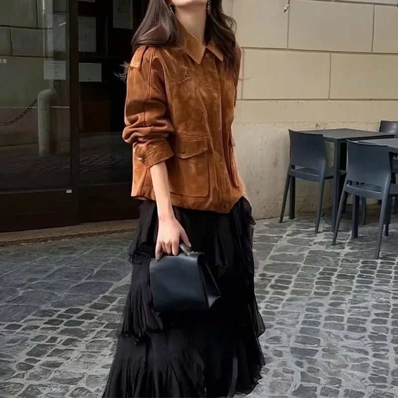 Women's brown suede-effect polyester coat with regular sleeves on hanger