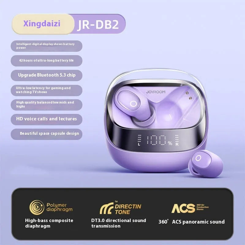 Wireless in-ear noise reduction headphones in beige, black, or purple with a matching charging case.