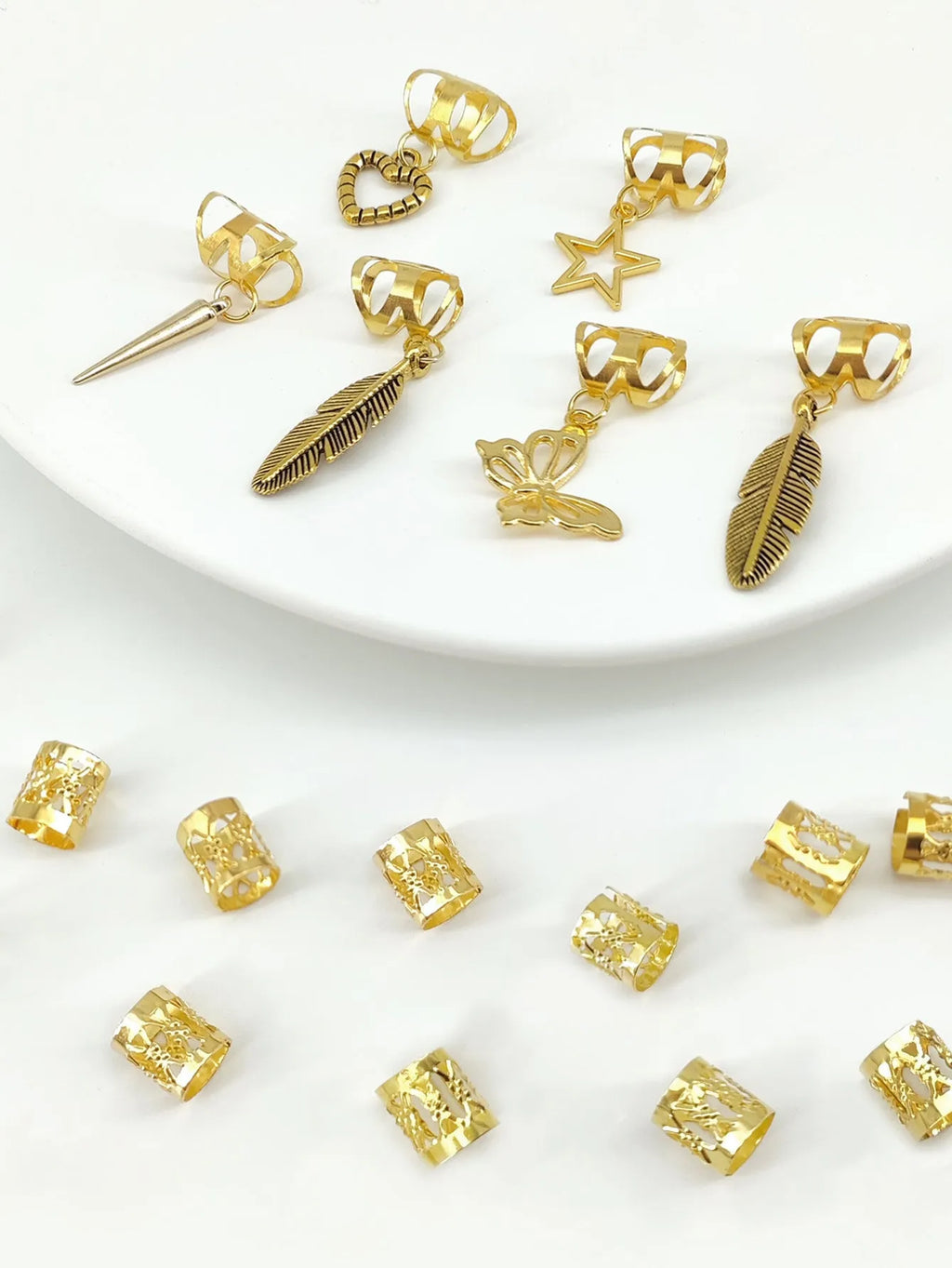 Pack of 26 alloy hair rings with antique leaf design in gold or silver electroplated finish