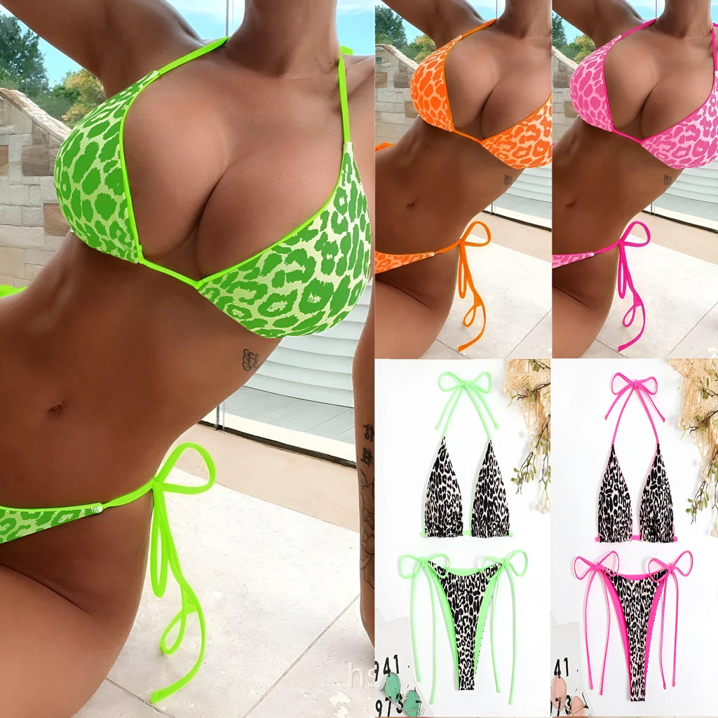Women's lace-up front triangle bikini top and split bottoms in a choice of colours and patterns.