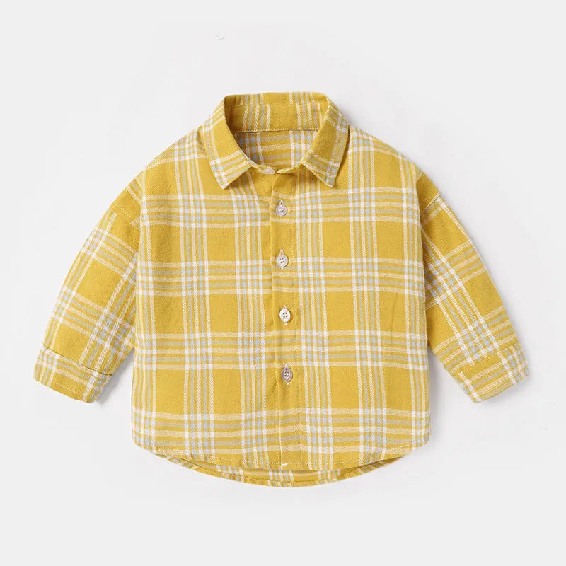 Boys cotton lattice print long sleeve shirt in khaki with animal cartoon pattern