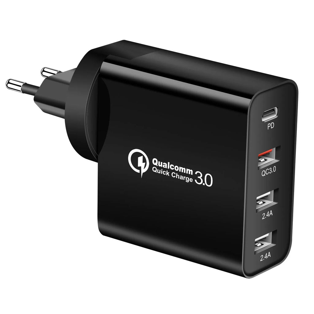 48W PD four-port USB-C fast charger in black with international plug options