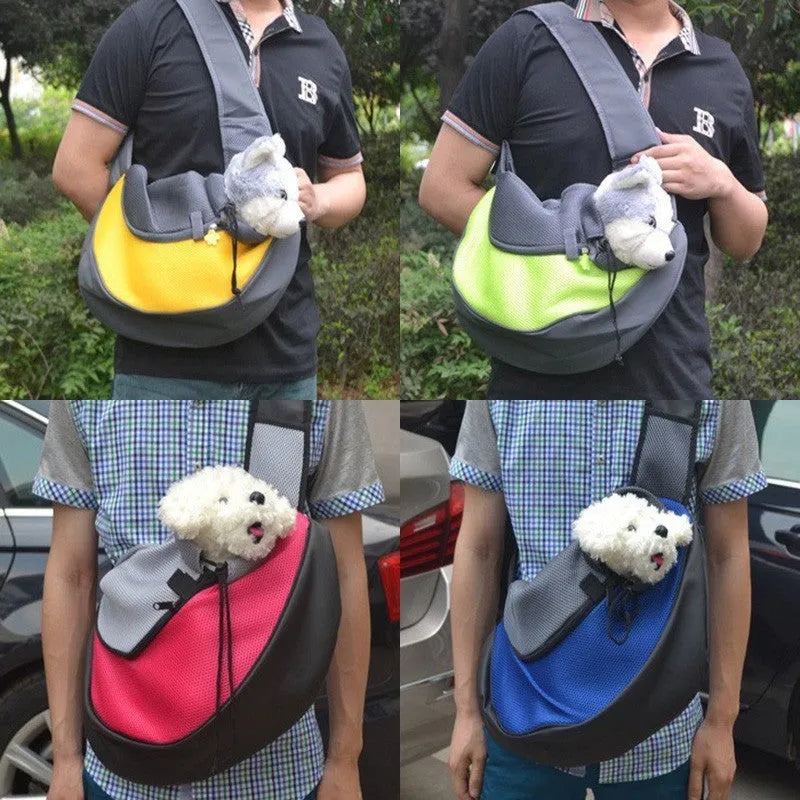 Blue pet carrier backpack for small dogs or cats with mesh window and adjustable straps