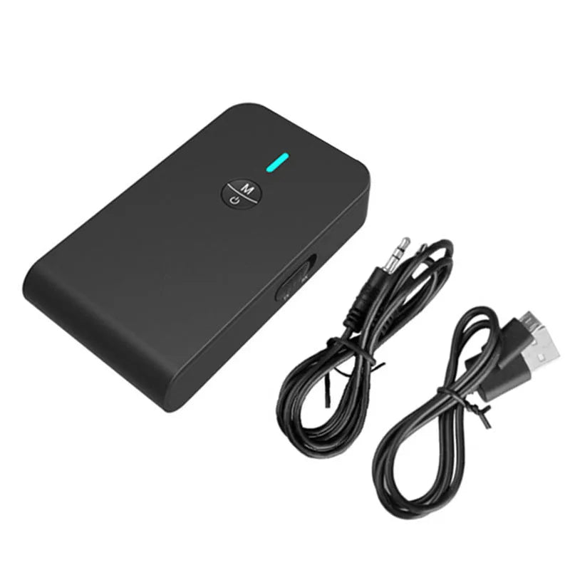 Black Bluetooth audio adapter with 3.5mm AUX jack for wireless music streaming to car and home stereo systems