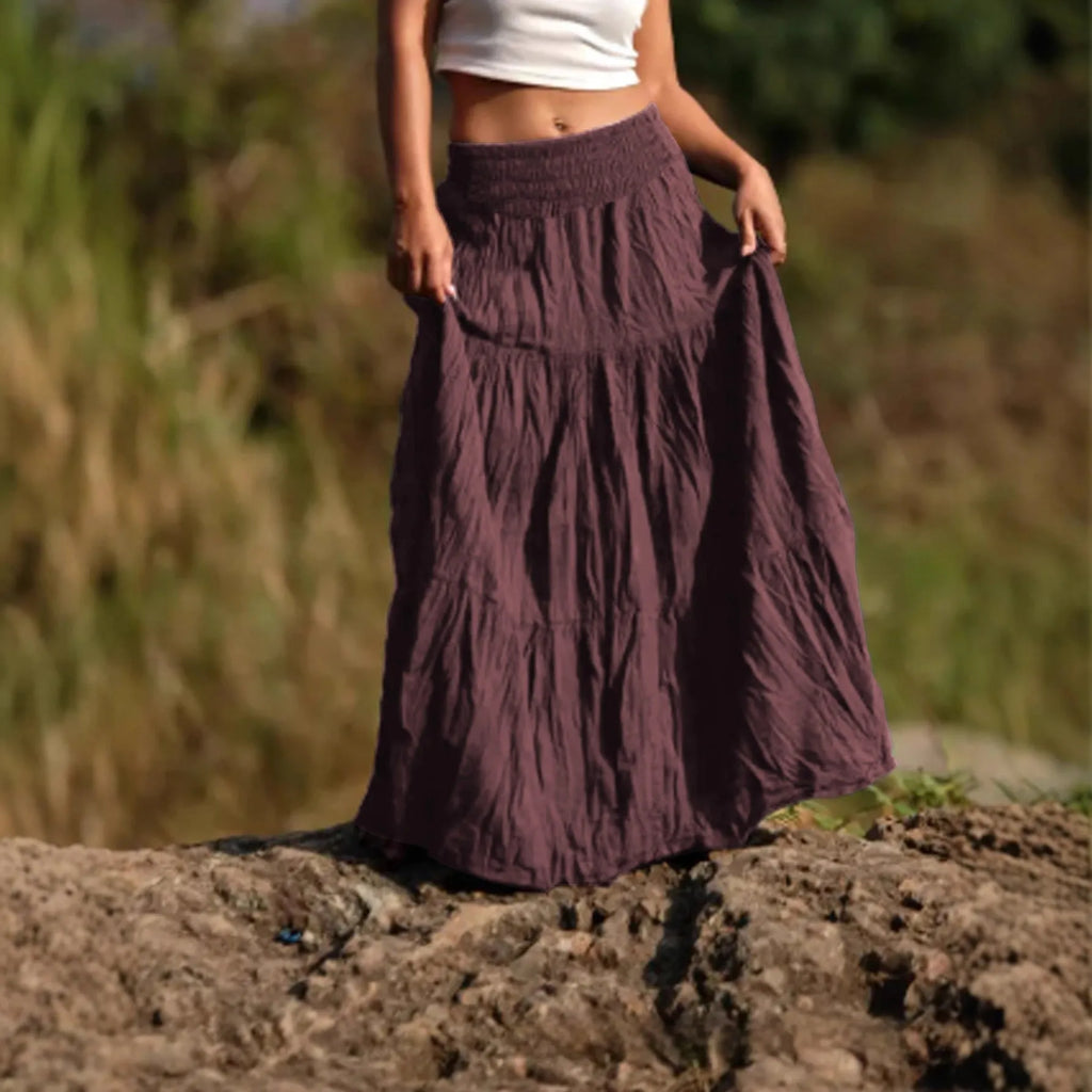 Women's waist smocking mid-length retro skirt in viscose fibre with folding detail, available in multiple colours and sizes