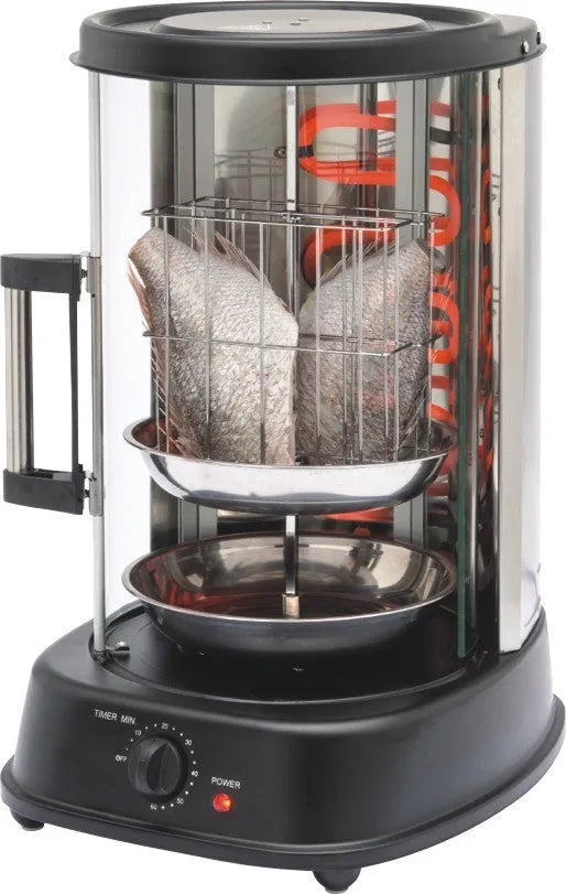Black electric rotisserie oven with 21L capacity and 1500W power, showing whole chicken on spit