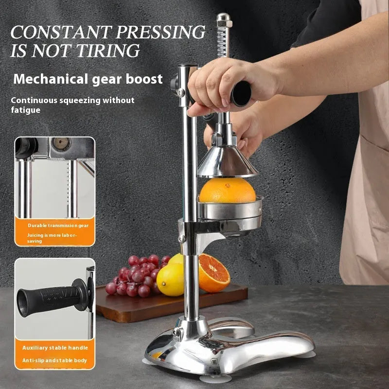 Vertical stainless steel manual juicer with three tip options: pointed head, flat head, and double head.
