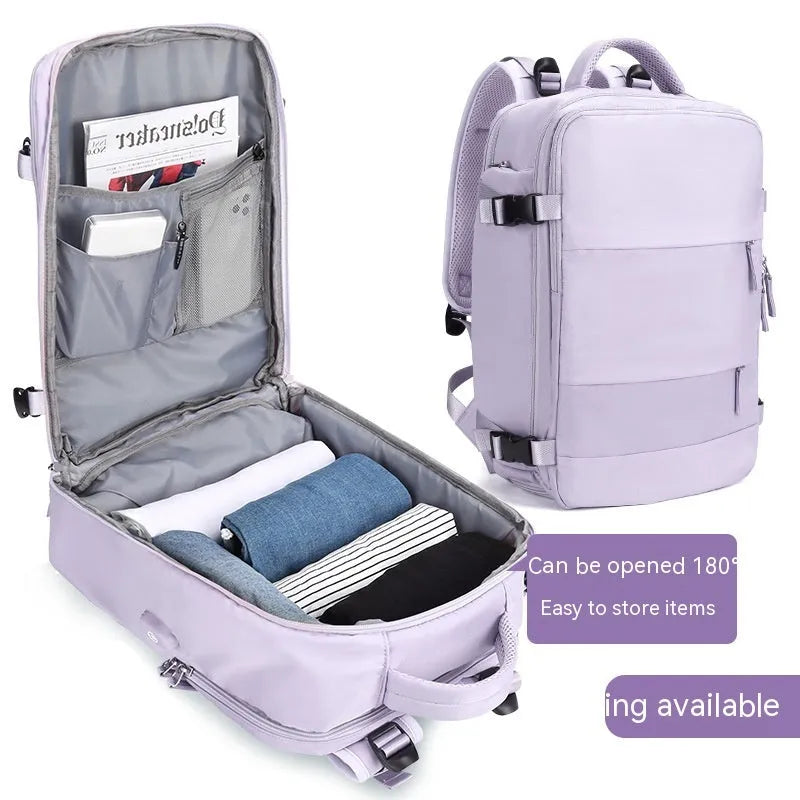 Large black nylon mummy-style travel backpack with a waterproof lining.
