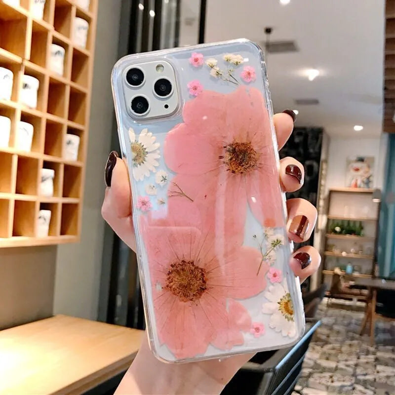Floral TPU iPhone case back cover showing large pink flower design on smartphone