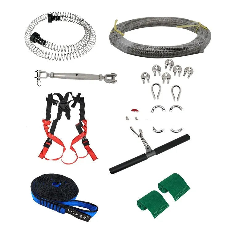 Children's outdoor pulley slide rope set with handle, steel cable, and safety components including retractor and buffer spring