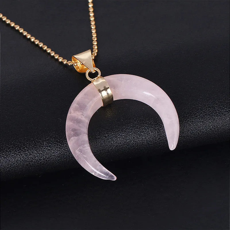 Crystal moon pendant necklace with natural stone charm on adjustable copper chain