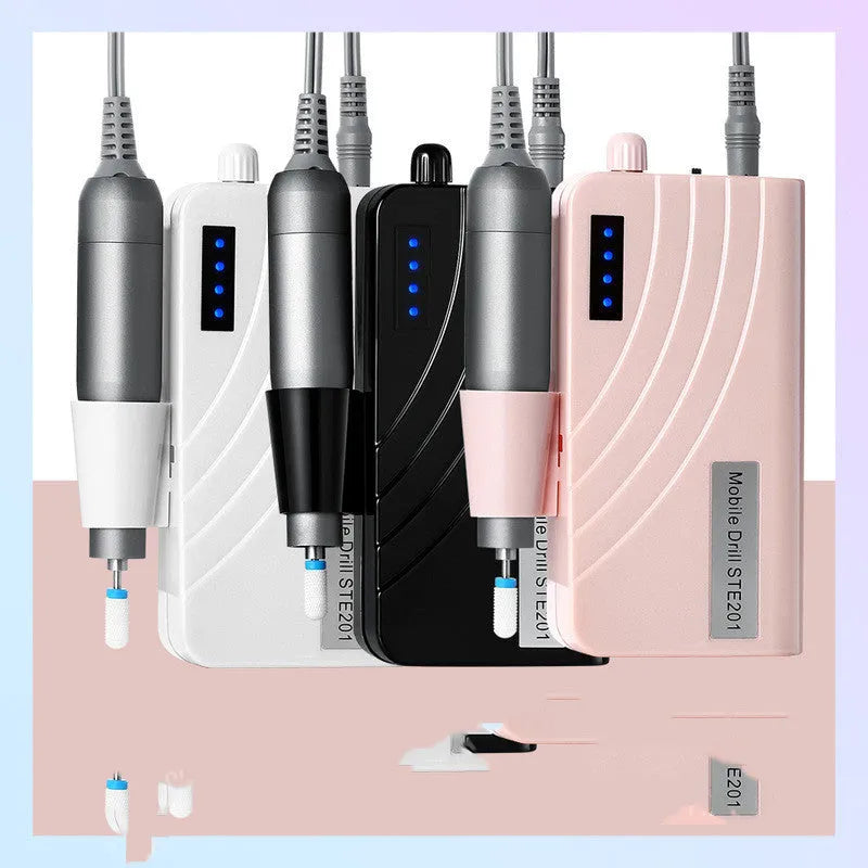 Rechargeable electric nail polisher pen with LED light in pearl white, showing controller and polishing head set on a white surface