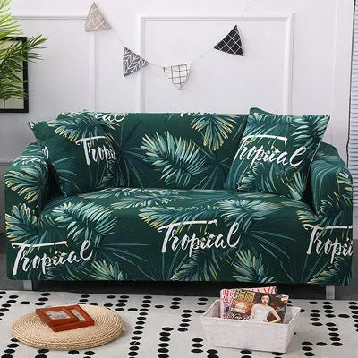 Geometric print polyester sofa slipcover stretched over sofa with matching pillowcase