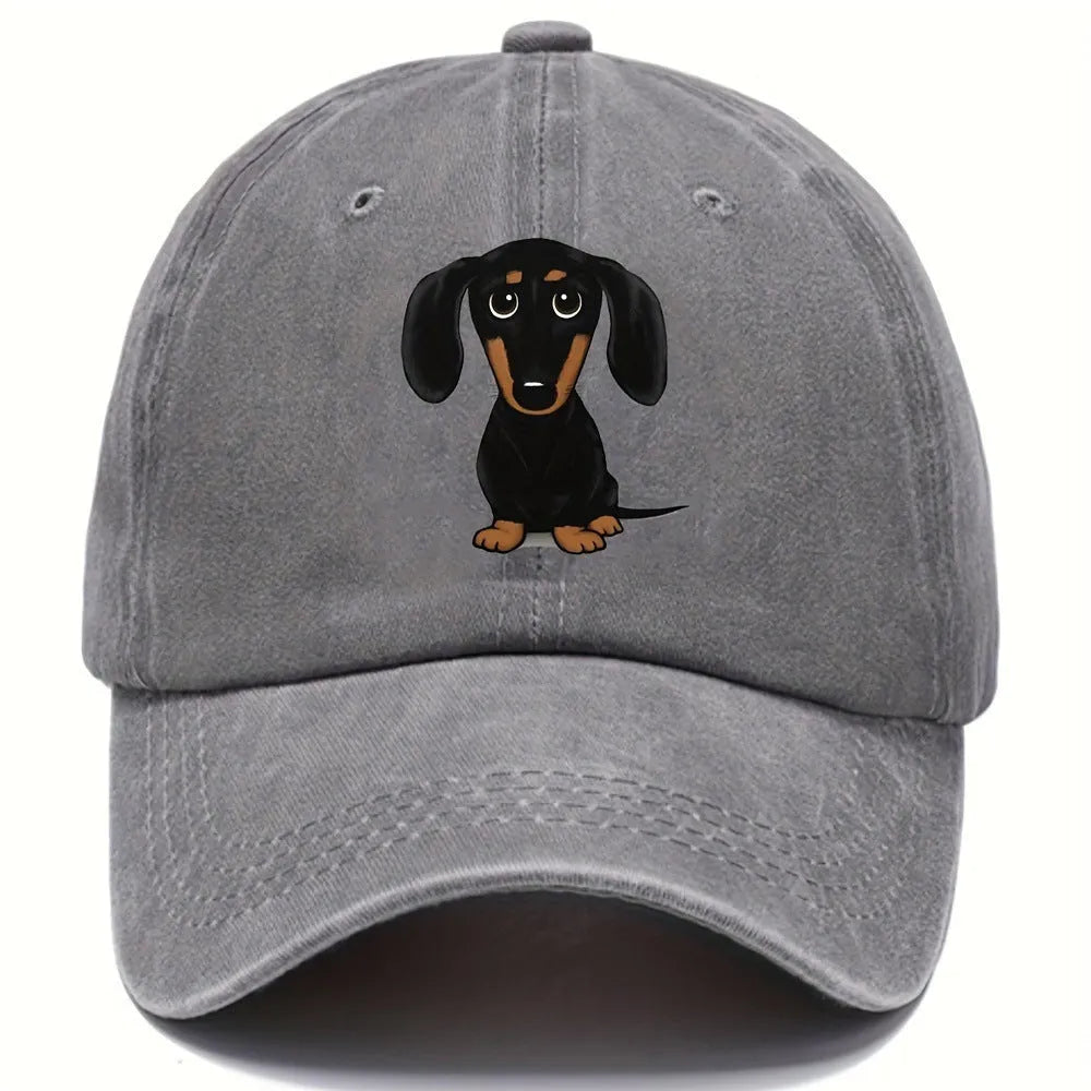 Retro washed baseball cap with printed Dachshund design in dome crown style