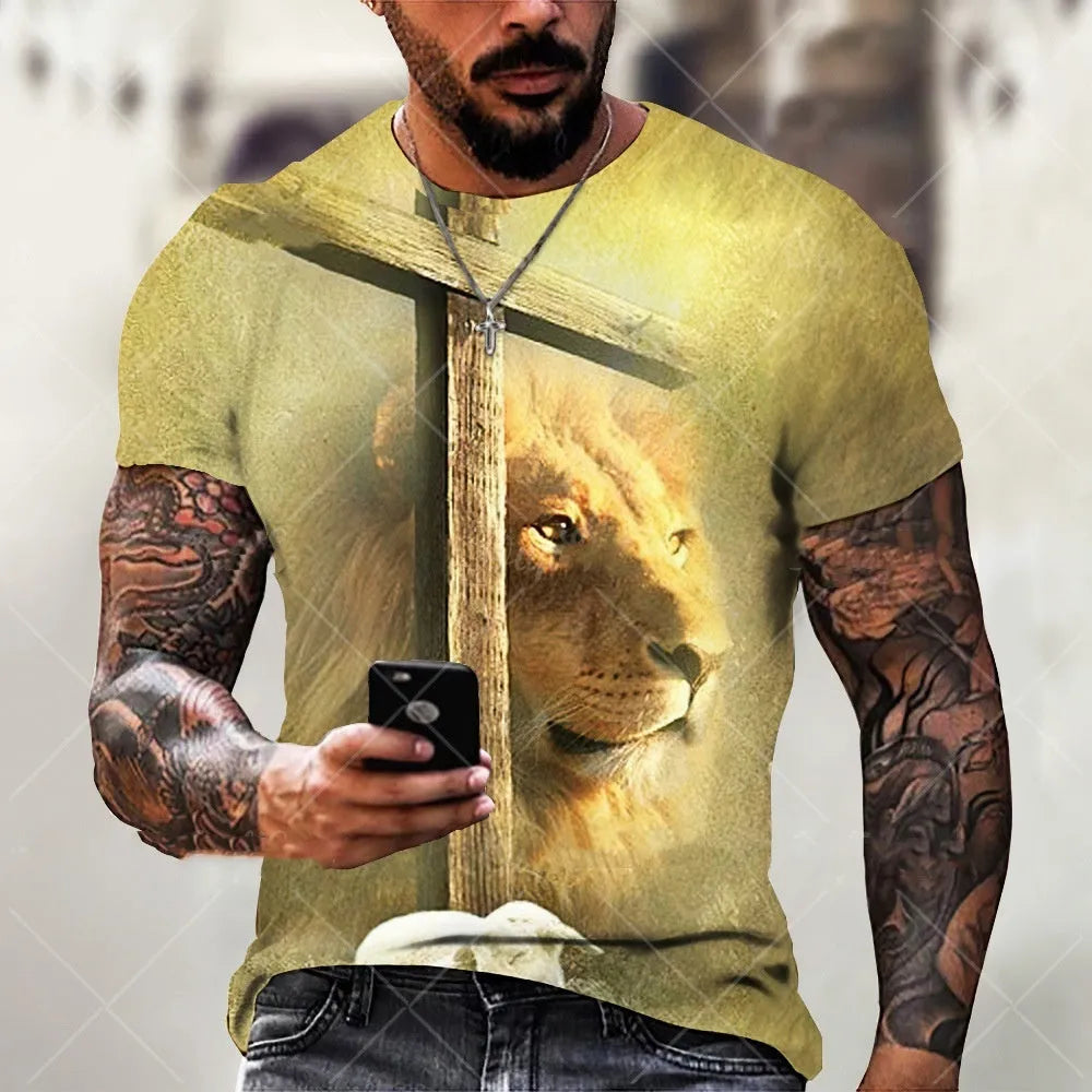 Men's grey T-shirt with a raised 3D printed Jesus pattern on the chest, short sleeves.