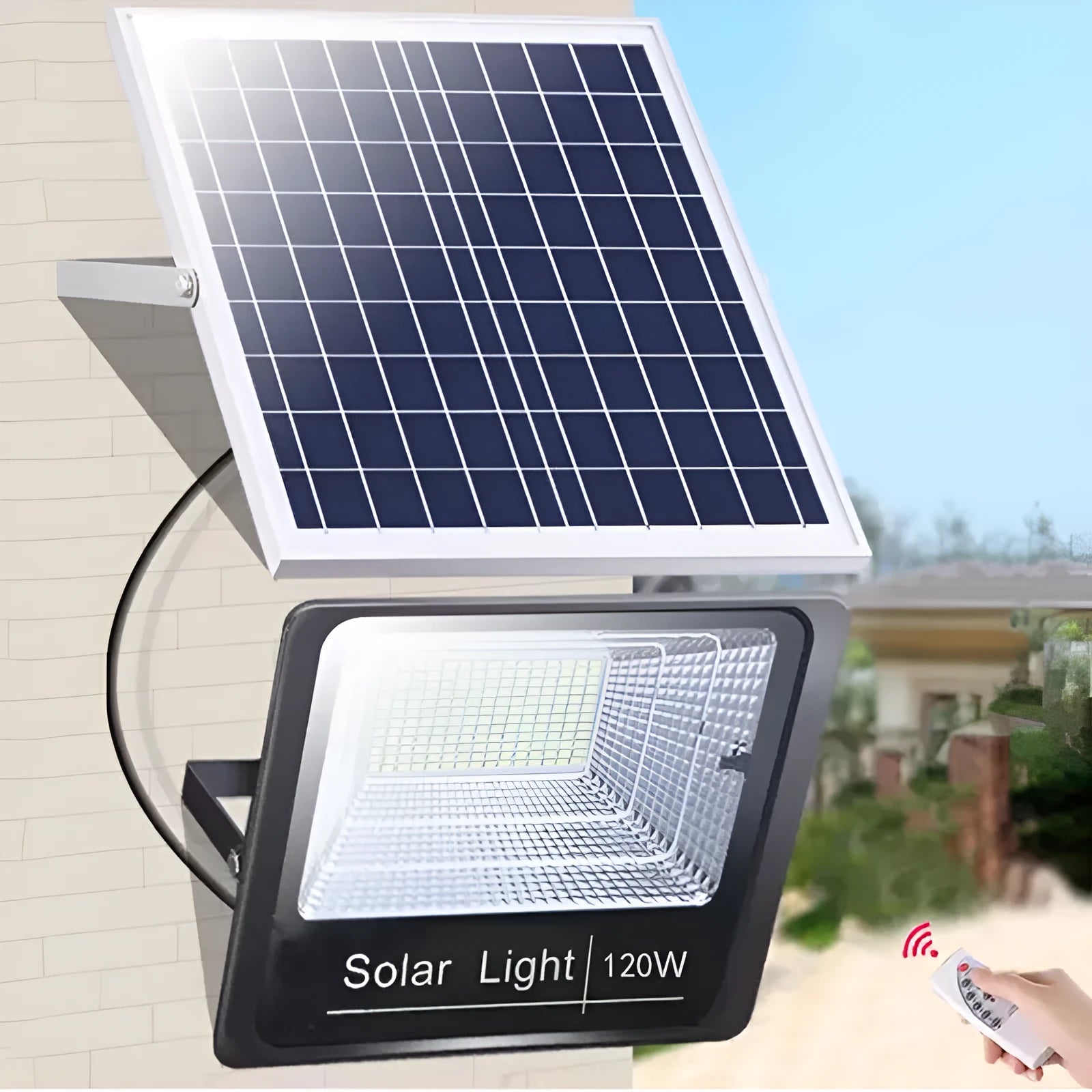 Black solar LED flood light with multiple wattage options and remote control for outdoor garden use