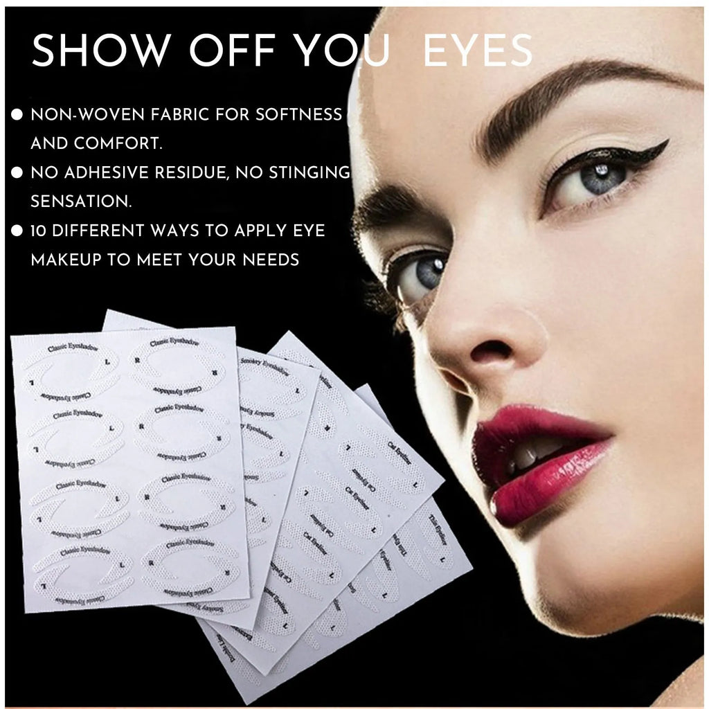 Set of four reusable flexible eyeliner and eyeshadow makeup stencil templates on a pink background.