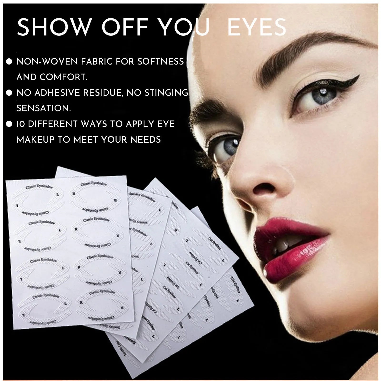 Set of four reusable flexible eyeliner and eyeshadow makeup stencil templates on a pink background.