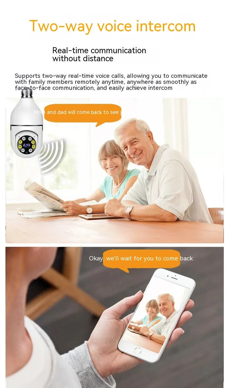 Wireless bulb camera with 1080p lens and metal plastic body for indoor outdoor WiFi security monitoring