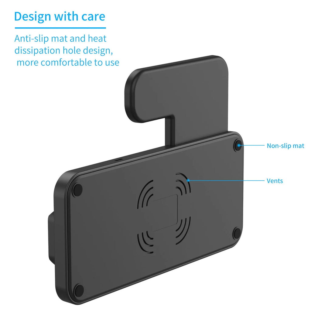Fdgao 15W 4 In 1 desktop wireless charger in black with dual coils, charging a phone, Apple Watch, and Airpods