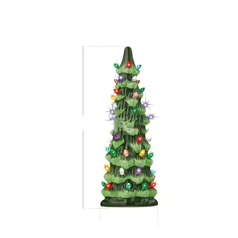 A decorative resin Christmas tree ornament with built-in LED lights, shown in European style.