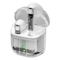 YX06 wireless TWS headphones with transparent casing in black, white, green, or orange colours