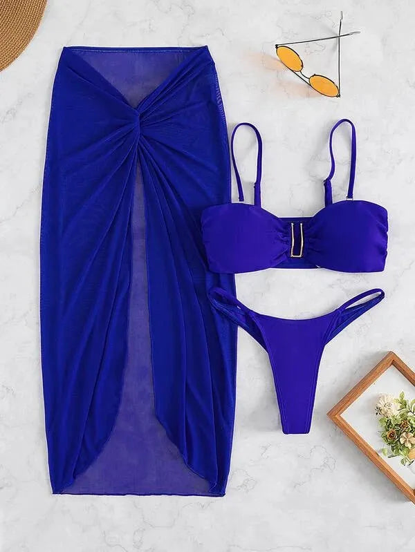 Women's multicolour bikini three-piece set with long culottes French style swimsuit