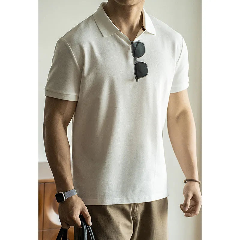 Men's blue American-style short-sleeve polo shirt on a hanger