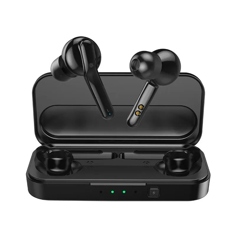 Black and white true wireless stereo earbuds with in-ear design and Bluetooth 5.0.