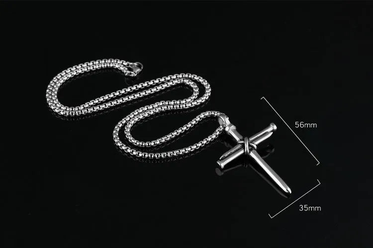 Titanium steel cross pendant necklace with steel nails motif, available in black golden silver colours