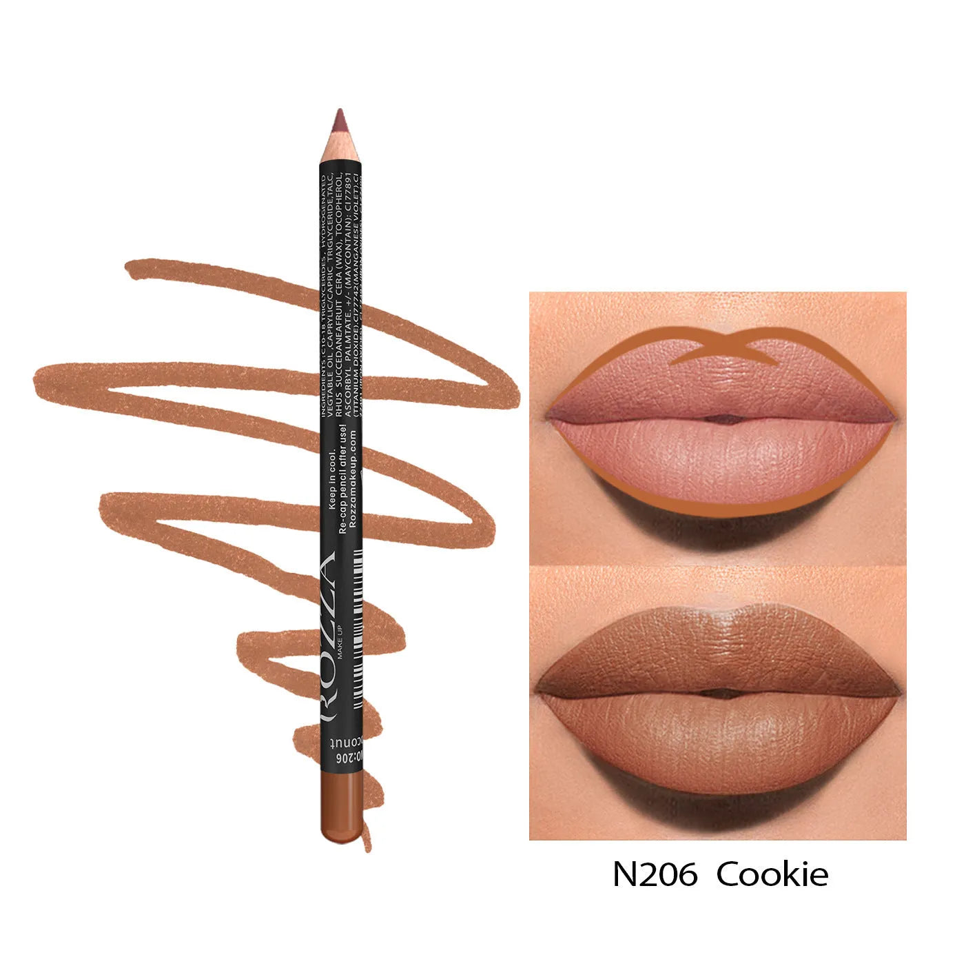 Wooden matte lip liner pencil in various shades showing 24 hour wear and waterproof claim