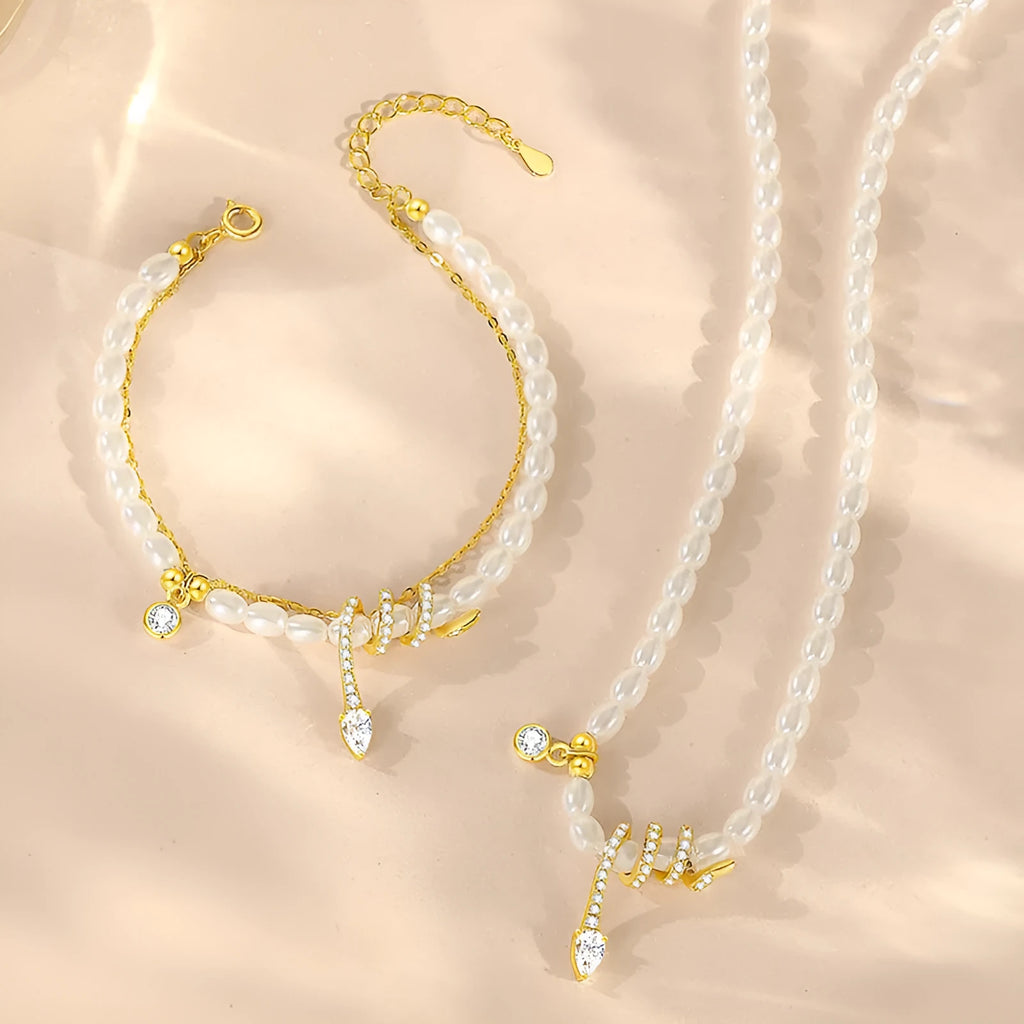 Pearl snake 925 silver bracelet with geometric beading and electroplated gold finishes