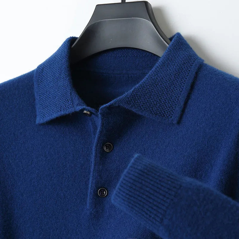 Men's grey wool pullover sweater with a polo collar and long sleeves laid flat.