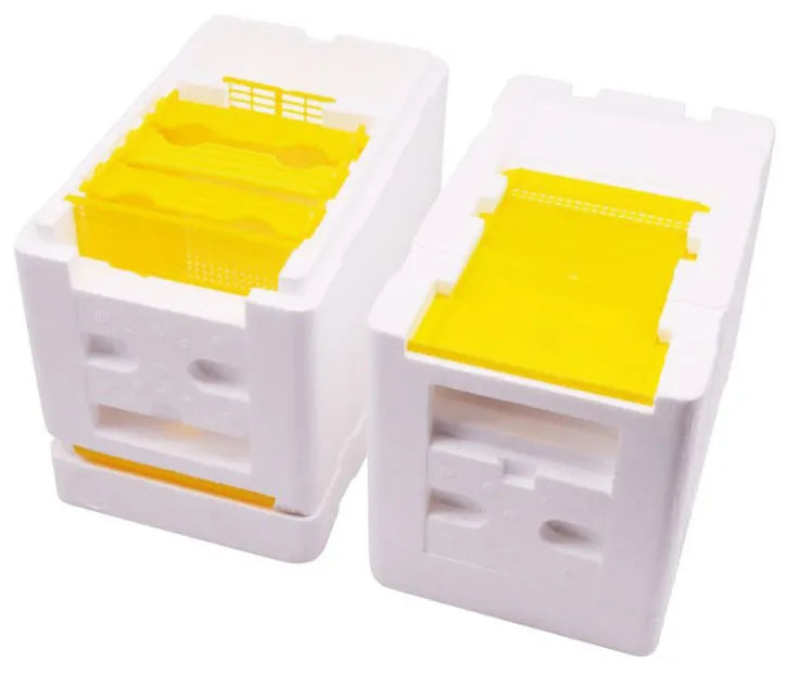 Three white EPS foam mini delivery boxes for bee breeding and hive transport.