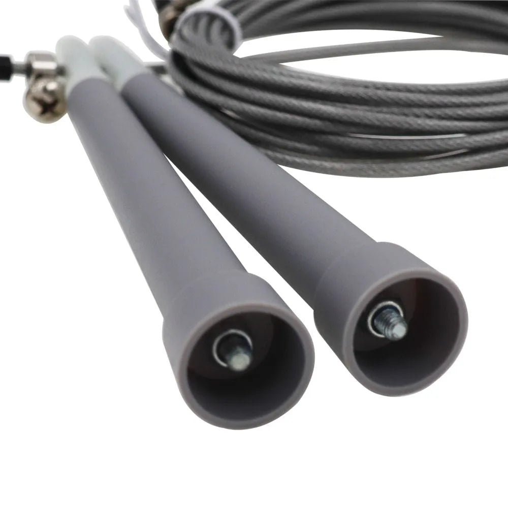 High speed steel wire fitness rope with 3m length, PVC coating, and PP handles on a smooth indoor floor