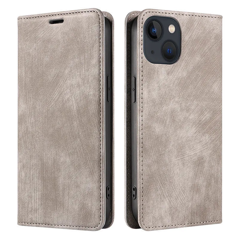 Magnetic flip phone case in solid colour for iPhone, showing TPU frame and leather cover.