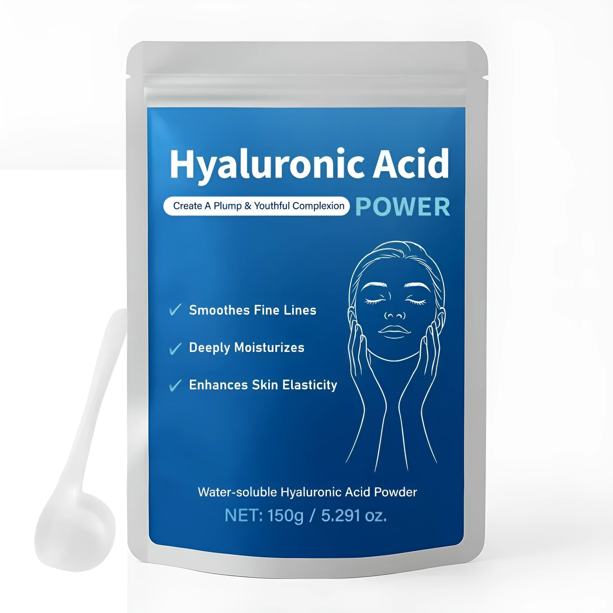 Container of pure hyaluronic acid powder, 150 grams net weight, for DIY skincare formulation.
