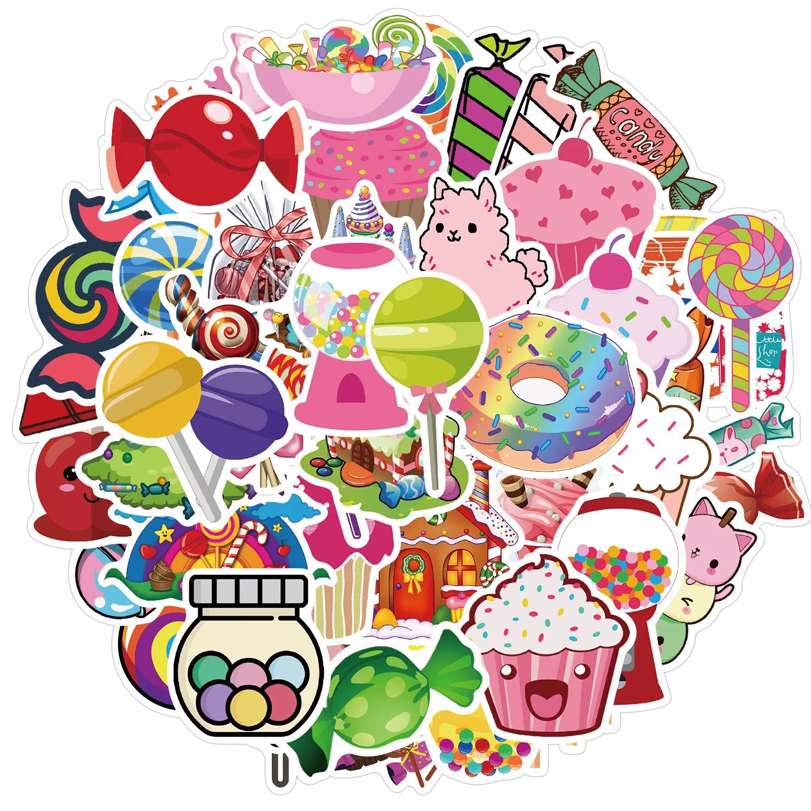 Assortment of colourful candy graffiti and cartoon stickers from a 50-piece pack on a white background.