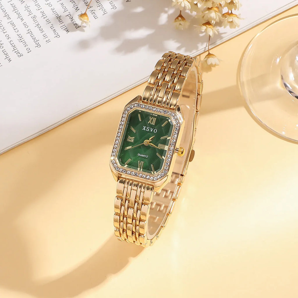 Gold green square steel women's watch with four matching alloy bracelets
