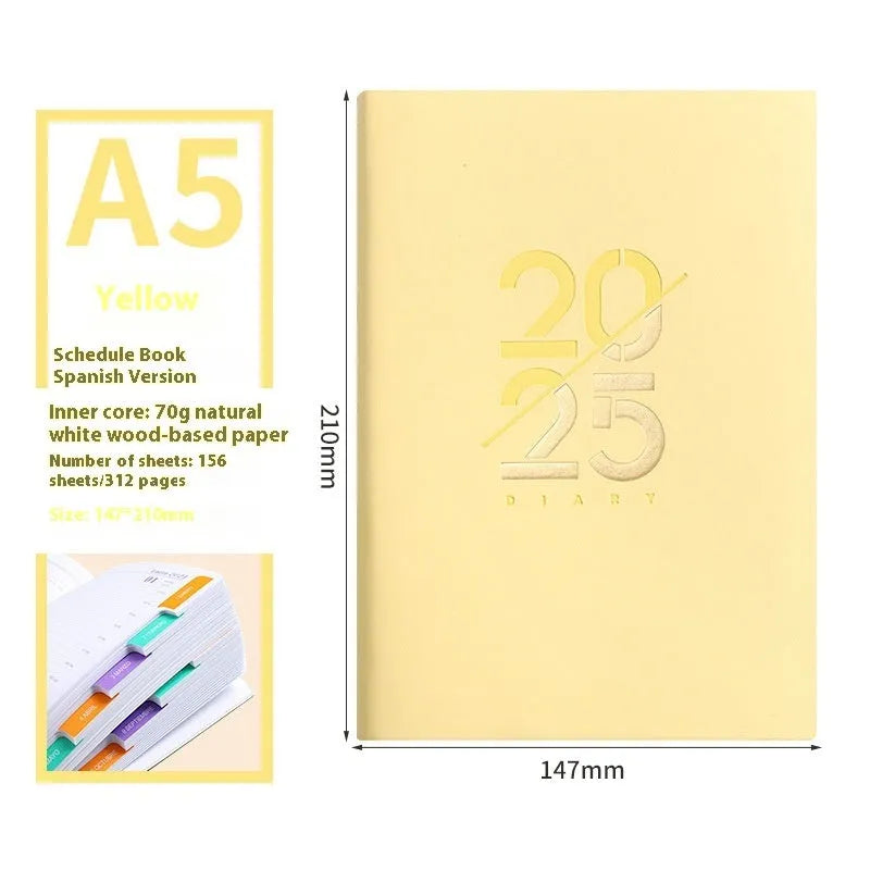 2025 A5 daily planner with faux leather cover showing colour options and open pages