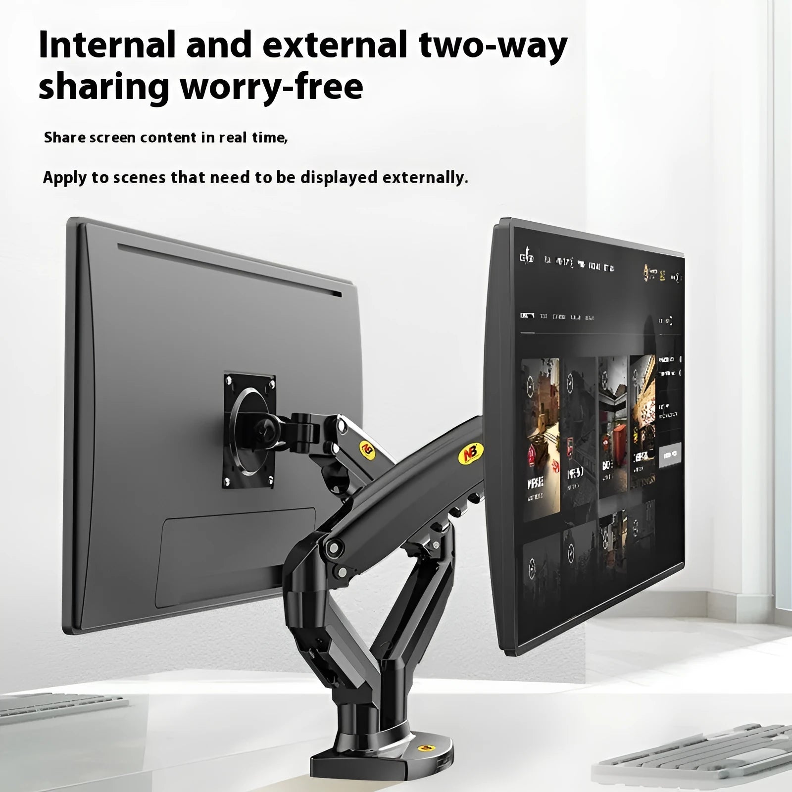Aluminium alloy dual monitor desktop bracket in gun black colour, showing two adjustable arms for screens.