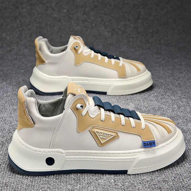 Men's beige low-top casual sneakers with an elastic band fastener and round toe.