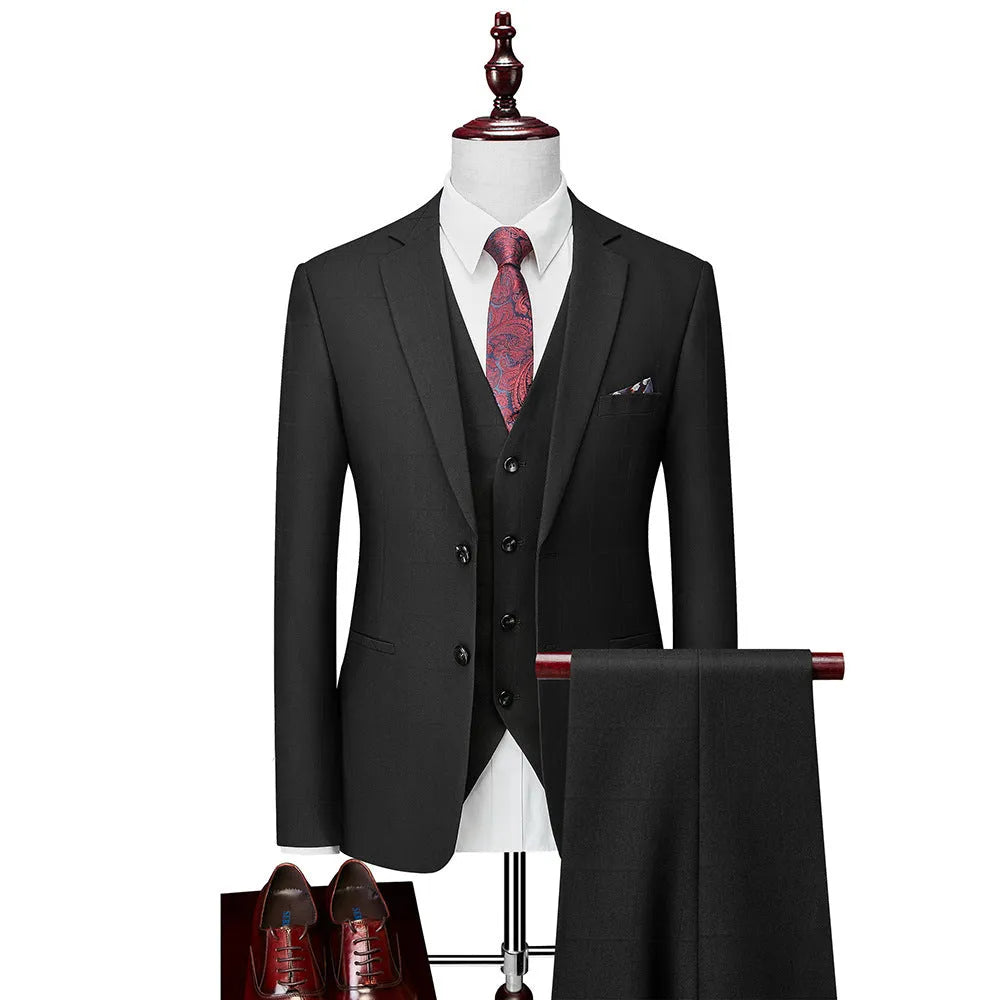 Men's navy blue plaid three-piece slim fit business casual suit with jacket, vest, and trousers