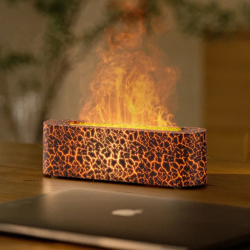 Square black lava flame aroma diffuser humidifier with USB cable on desktop