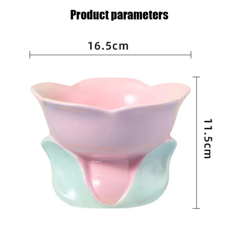Blue and pink floral patterned ceramic raised pet bowl with non-slip base for cats and small dogs
