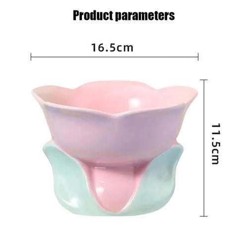 Blue and pink floral patterned ceramic raised pet bowl with non-slip base for cats and small dogs