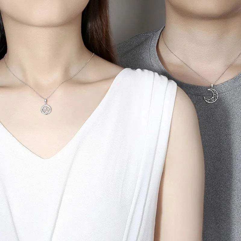 Copper sun and moon couple necklace with cross chain for him and her.