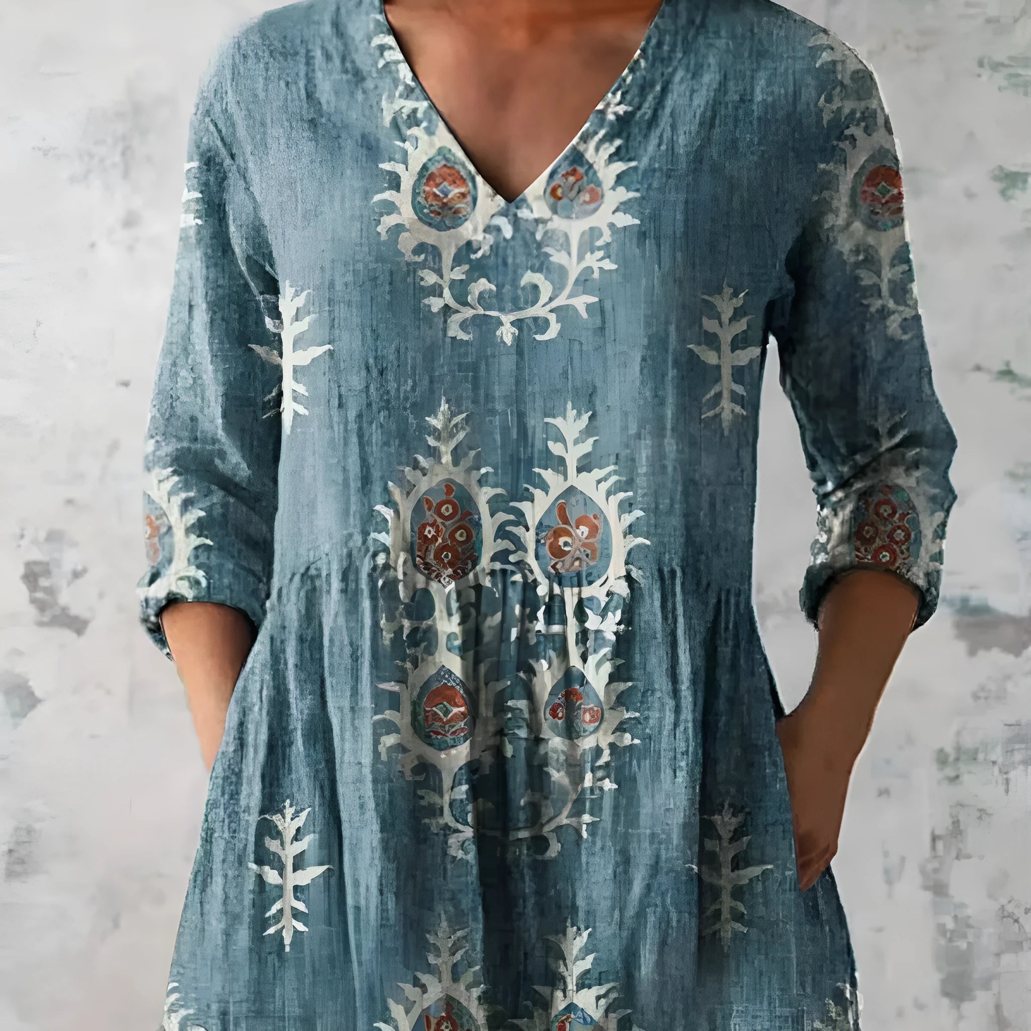 Women's printed wave pattern loose dress with 3/4 sleeves and wide waist design in various colour options
